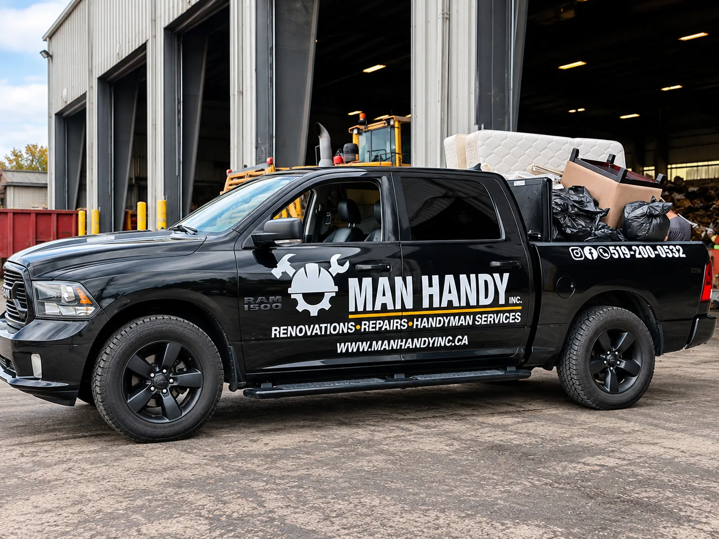 Branded Man Handy Inc. truck loaded with materials on a job site
