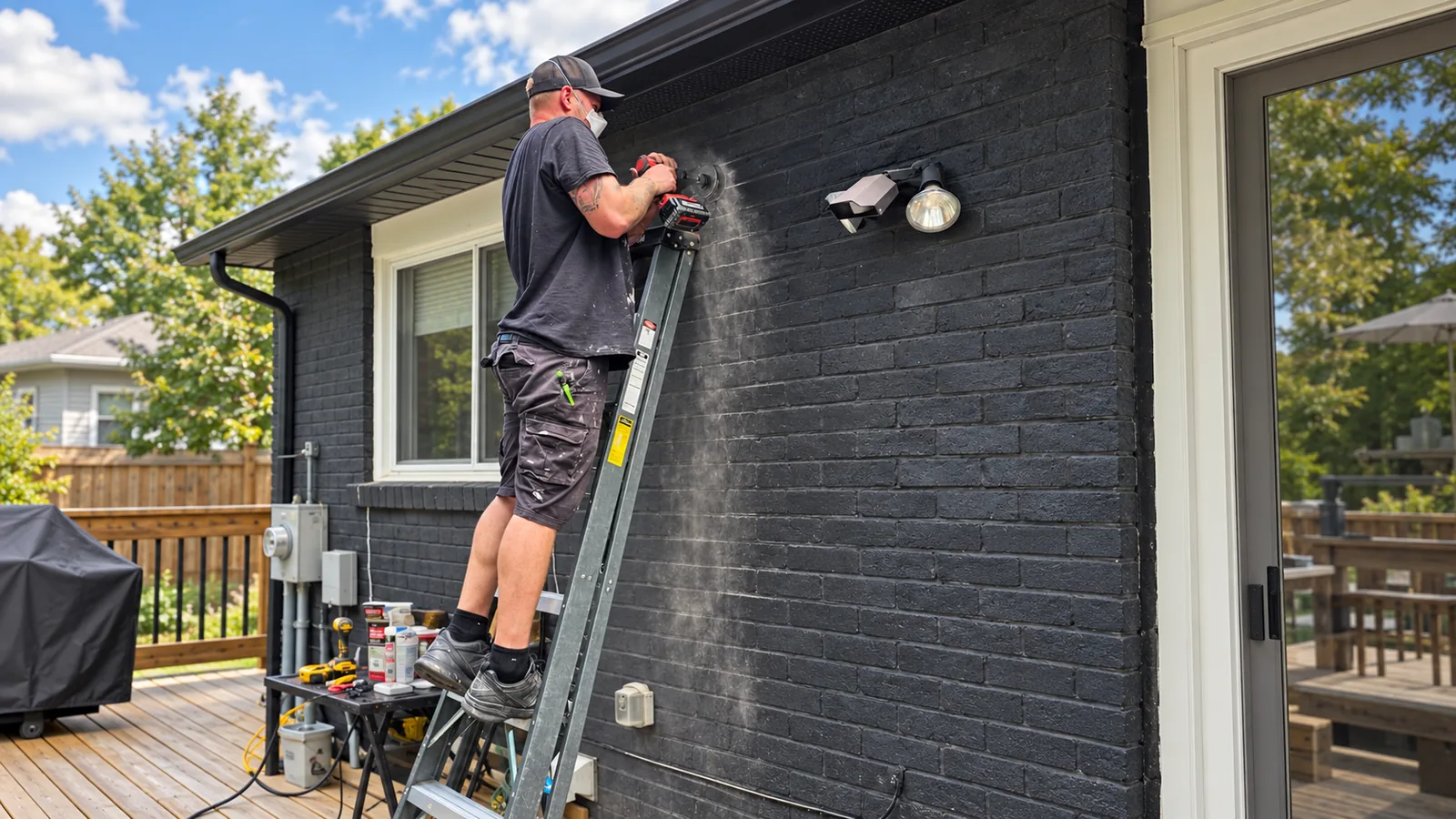 Jordan on a ladder drilling into an exterior brick wall during a home improvement job