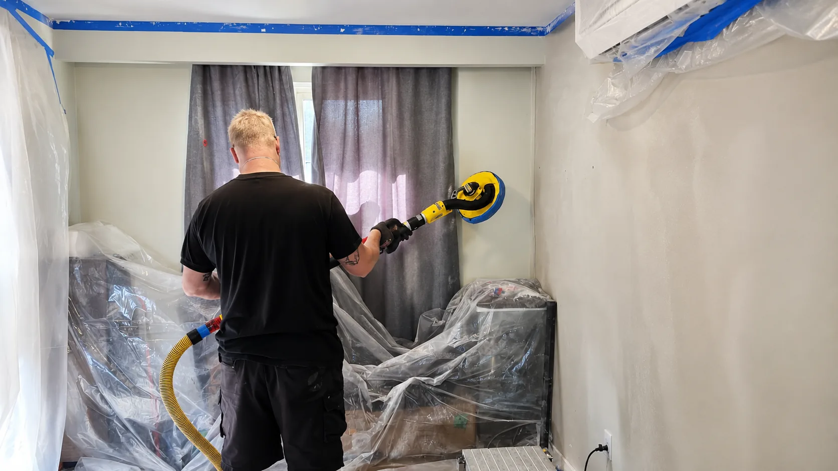 Professional contractor using a dustless drywall sander while preparing interior walls for painting.