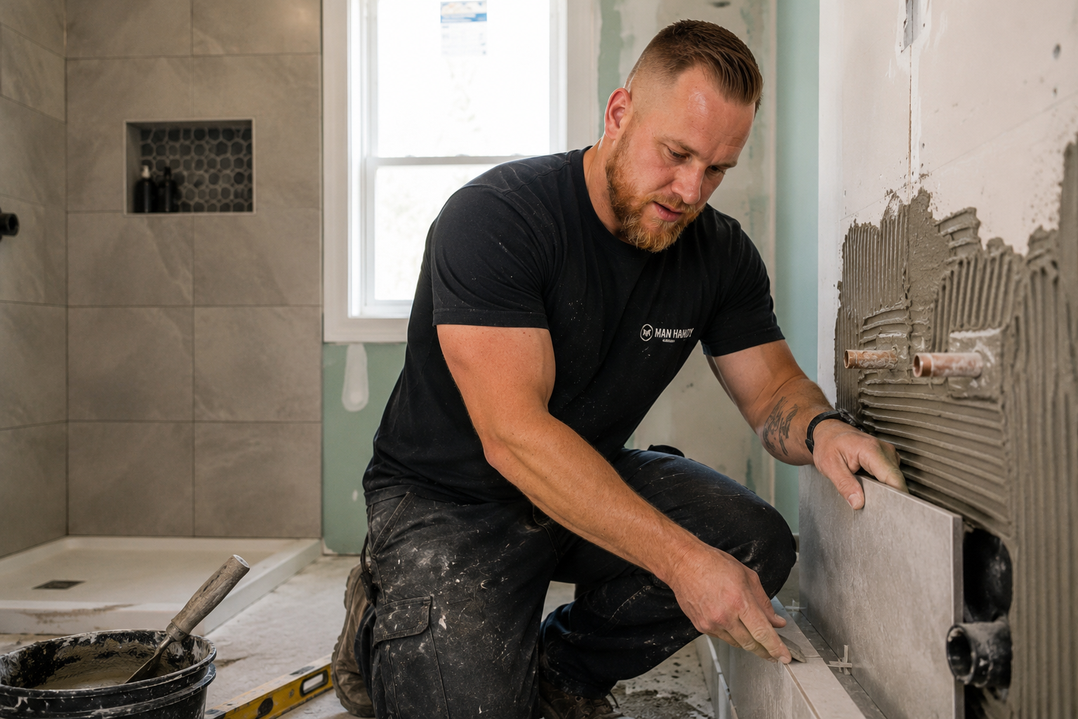 Jordan installing tile during a bathroom renovation, owner of Man Handy Inc.